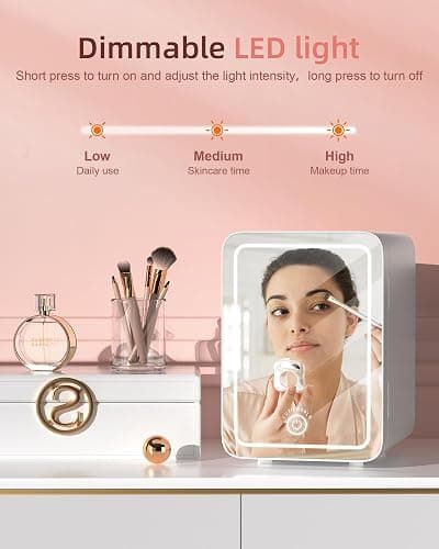 CUTIEWORLD Skincare Fridge with Dimmable LED Light Mirror, 4L Mini Fridge For Desktop, Travel or Cool & Heat, Makeup Fridge for Cosmetics, Skin Care and Food, White thumbnail 3