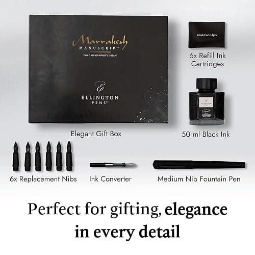 Ellington Pens Luxury Calligraphy Set – Premium Fountain Pen with 6 Nibs, 6 Bottle, 6 Cartridges, Converter, and Elegant Gift Box – Perfect for Calligraphers, Writers, Gifting thumbnail 2