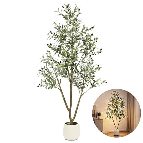 6FT Artificial Olive Tree with Lights & Planter, Realistic Faux Olive Plant | Realistic Silk Olive Tree For Living Room & Home Office, With Lifelike Fruits, Warm Lights, Planter & Natural Decor Design - Image 1