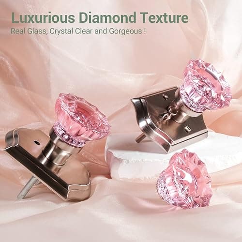 Floresita Crystal Door Knobs, Stain Nickel Pink Glass Door Knobs Interior Rose Shape with Lock Privacy Function, Vintage Antique for Bedroom Bathroom thumbnail 4