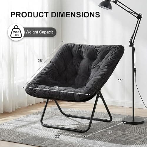 Saucer Chair, Folding Chairs for Living Room, Comfy Adults Chair with Soft Faux Fur for Bedroom, Reading and Dorm Room, X-Large (Black) thumbnail 2