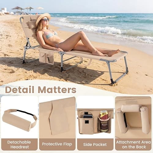 COSTWAY Tanning Chair with Face Hole, Folding Beach Lounge Chair with 4-Position Adjustable Backrest, Pillow & Side Pocket, Foldable Chaise Lounge Chair Outdoor for Sunbathing, Camping (1, Beige) thumbnail 8