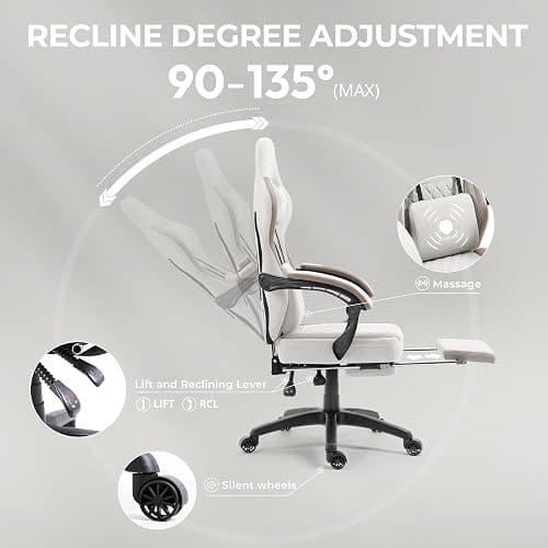 C Dowinx Gaming Chair Fabric with Pocket Spring Cushion, Massage Gaming Chair with Footrest, Ergonomic PC Chair, Gamer Chair, Office Chair, 150 kg Load Capacity, Khaki thumbnail 6