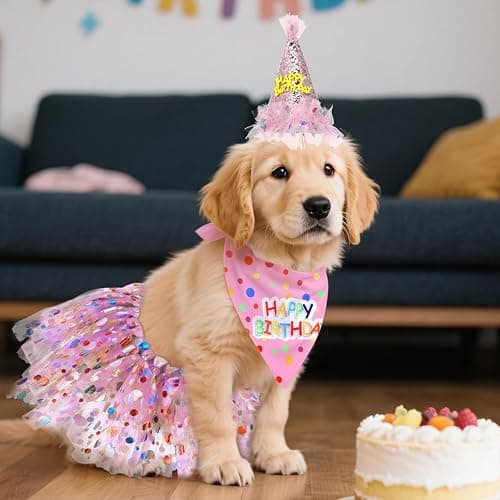 Dog Birthday Bandana with Hat and Dress Girl Set Puppy Birthday Party Supplies Cute Tutu Skirt Outfit for Small Medium Large Dogs Decorations(Pink) thumbnail 6