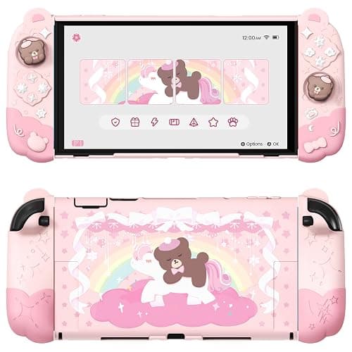 PlayVital Good Night Bear Dockable Case for Nintendo Switch 2 with Stand | Split Design Silicone Joycon Grips, PC Console Hard Shell, 2 Joystick Caps | Cute Protective Cover Bundle – Pink - Image 1