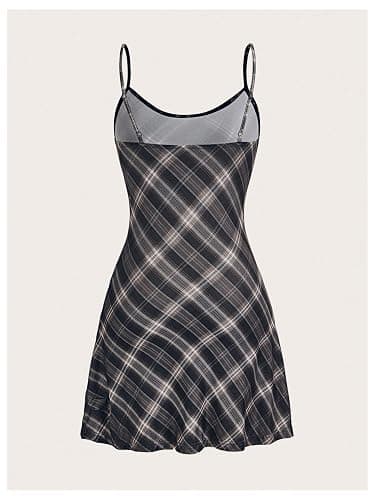 WDIRARA Women's Plaid Spaghetti Strap Cami Dress Sleeveless Flared Hem Mini Dress thumbnail 2