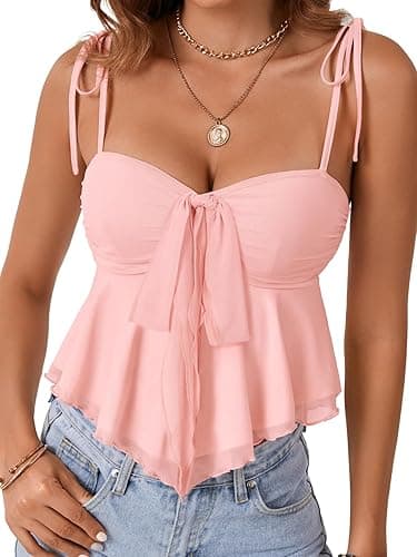 Rooscier Women's Straps Knotted Front Sleeveless V Neck Vintage Peplum Sexy Cami Top - Small - Pink