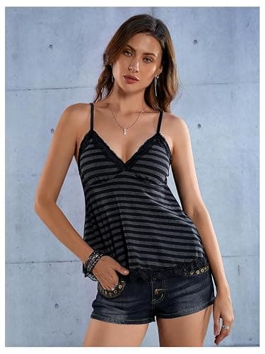 SOLY HUX Womens Y2K Lace Cami Striped Cute Babydoll Tops | Spaghetti Strap Camisole, Grunge Clothes, Going Out Tops, Gothic thumbnail 3