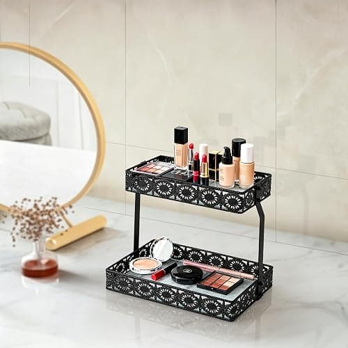 xiaojuande-Two Layer Glass Storage Tray with Portable Dressing Table Skin Care Product Organization Rack Corner Storage Rack for Bathroom Counter High-end Light - (Black) thumbnail 2
