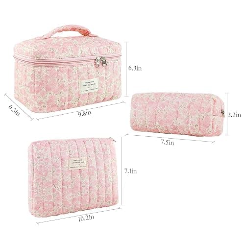 GISMTR 3Pcs Makeup Bag Cotton Quilted Travel Cosmetic Bag Cute Floral Makeup Pouch Large Toiletry Bag for Women Girls (Flowers-Pink3) thumbnail 5