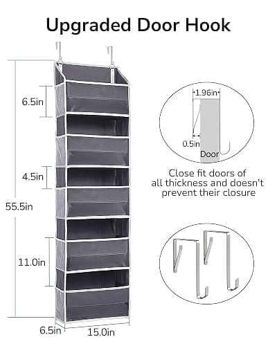 ULG 1 Pack Over Door Organizer with 5 Large Pockets 10 Mesh Side Pockets, 44 lbs Weight Capacity Hanging Storage Organizer with Clear Window Kids Toys, Shoes, Diapers, Dark Grey, 5 Layers thumbnail 2