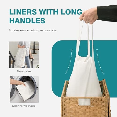 DUMOS Wicker Laundry Basket with Lid, 110L Woven Laundry Hamper with Handles, Foldable Rattan Clothes Hamper with Removable Liner & Sturdy Steel Frame, Goose Yellow thumbnail 6