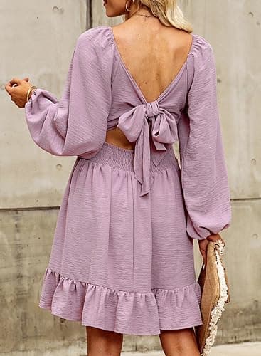 Dokotoo Womens Dress Long Lantern Sleeve Square Neck Tie Backless Sexy Dress Ruffle Elastic Waist A-Line Mini Dress thumbnail 5