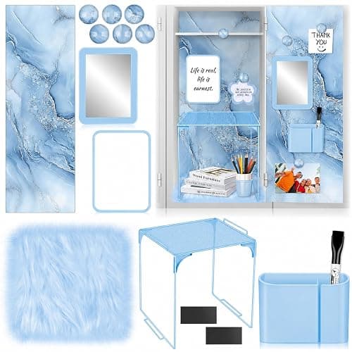 18 Pcs Blue Marble Locker Organizer Kit Includes Magnetic Wallpaper Locker Shelf Magnetic Mirror Pen Holders and Organizing Supplies Locker Decorations Back to School Stuff Gift - Image 1