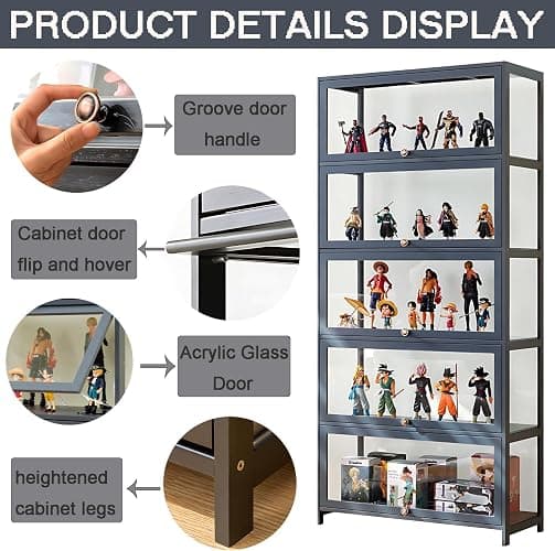 Display Cabinet with Acrylic Glass Doors, 5-Tier Transparent Bamboo Curio Display Case for Figures, Display Shelves for Collectibles & Kids Bookcase for Home, Office, Playroom, Living Room - Grey-flip Door thumbnail 4