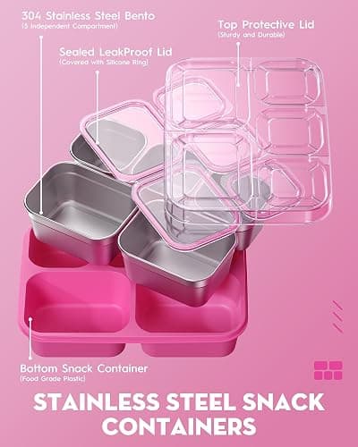 BiuLeon Snackle Box Containers, Stainless Steel 5 Compartments Divided Serving Tray with Lid, Removable LeakProof Portable Bento Box for Fruit Candy Nuts Food - School, Picnic and Travel（Pink） thumbnail 6