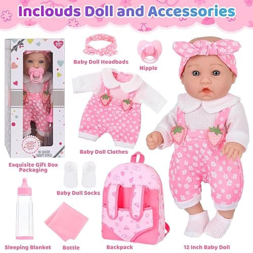 DONTNO 12" Baby Doll with Backpack Carrier in Gift Box,12 Inch Realistic Baby Dolls with Clothes and Accessories,Toy Pretend Play Collection for 3+ Child Girls Gifts thumbnail 4