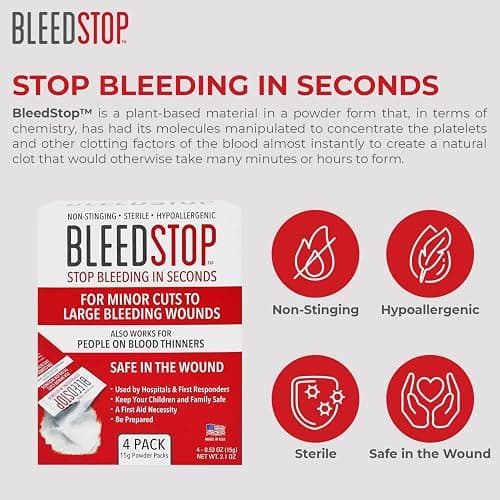 BleedStop™ First Aid Powder for Blood Clotting, Trauma Kit, Blood Thinner Patients, Camping Safety, and Survival Equipment for Moderate to Severe Bleeding Wounds or Nosebleeds - 4 (15g) Pouches thumbnail 5