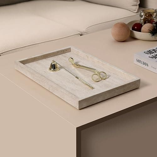 Natural Travertine Rectangular Decorative Tray 15"x10" – Stone Serving Tray | Non-slip bottom. Use on coffee bar, kitchen island, or vanity. Holds 2-3 cups. Each piece is unique. thumbnail 5