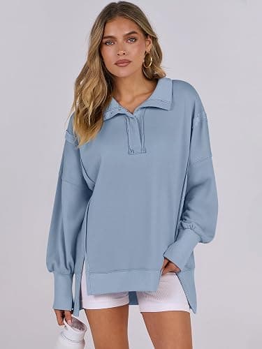 ANRABESS Women's Sweatshirts Oversized Casual Loose Button Up Henley Pullover Top High Low Split 2025 Fall Fashion Outfits thumbnail 5