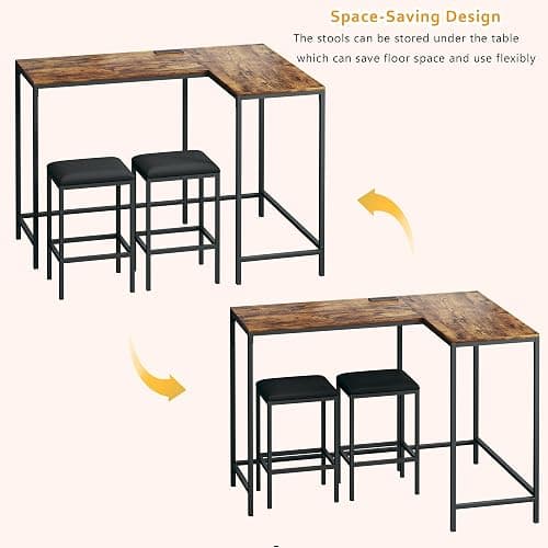 Bar Table and Chairs Set for 2-4, 63'' Convertible L-Shaped Kitchen Table with Power Outlets, 3 Piece Counter Height Small Dining Table with 2 Stools, Space Saving, Breakfast Nook Corner, Rustic Brown thumbnail 6
