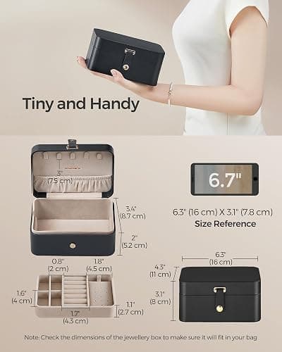 SONGMICS Jewellery Box, 2-Layer Jewellery Storage, 11 x 16 x 8 cm Travel Jewellery Box, Portable Jewellery Case, Small, Spacious, for Larger Accessories, Gift Idea, Ink Black JBC166B01 thumbnail 4