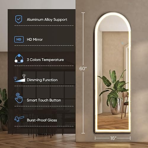 Aidoly 16"x60" Arched LED Full Length Mirror with Stand, Full Body Mirror | LED Lights 3 Color Lighting, Wall Hanging or Leaning, Floor Standing, Modern Simple Home Wall Decor thumbnail 3