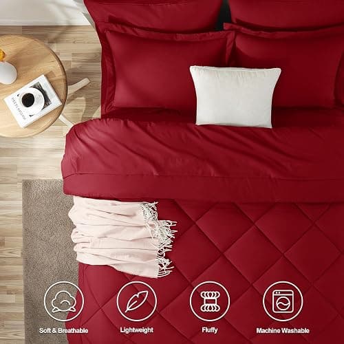 CozyLux Queen Comforter Set Dark Red - Bed in a Bag Queen Size 7 Pieces, Luxury Soft Bed Set for All Seasons, Bedding Set with Down Alternative Comforter, Sheets, Pillowcases & Shams thumbnail 2