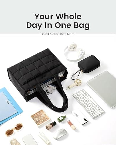 LOVEVOOK Tote Bag for Women, Puffer Work Handbag 15.6 Inch Laptop Purse for Nurse Teacher, Large Quilted Travel Tote Shoulder Bag with Zipper for College Office Clinical Gym, Black thumbnail 6