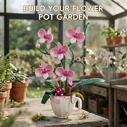LQPFBSM Pink Orchid Flower Botanical Building Block Set 567 Pcs | Bouquet in Coffee Cup Model Kit Elegant Home Office Desk Decor Creative Plant Craft Gift for Women Adults thumbnail 6