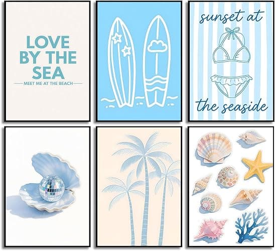 6Pcs Coastal Granddaughter Wall Art Beach Wall Decor Pictures 8inx10in | Blue Shells Bikini Posters Prints Tropical Palm Surfboard painting for Bedroom Dorm Teenage Girls Room Decoration Unframed - Image 1