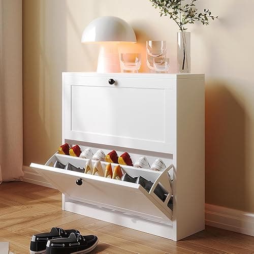 VOWNER Shoe Cabinet with 2 Flip Drawers, Freestanding Shoe Storage Cabinet with Adjustable Shelf & Anti-Tipping Device, Shoe Rack for Entryway, Hallway, Living Room (White) - Image 1