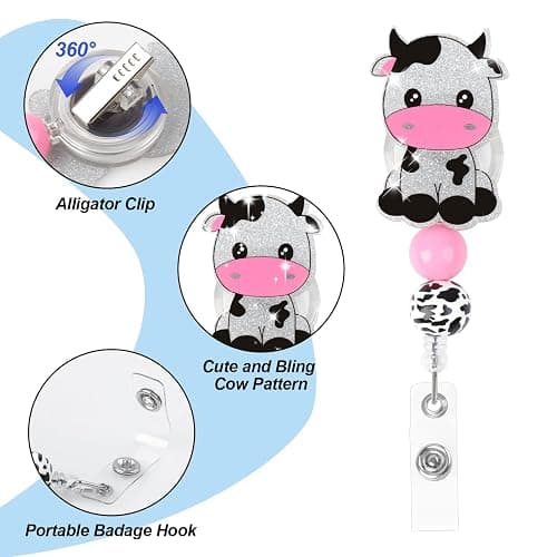 LLMSIX Cow Badge Reel Retractable, Cute Bling Cow ID Clip Badge Reels for Nurse Name ID Badge Holders with Alligator for Doctor Student Teacher Hospital School Office (Up to 25inch) thumbnail 4