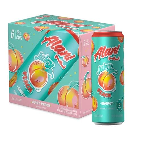 New Alani Juicy Peach Energy Drink Low Calorie, Zero Suger Energy Boost Alani Drinks,12 Fl oz Cans (Pack Of 6) REPACKAGED BY *Besamee storefront* - Image 1