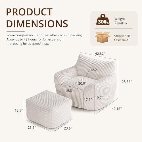 zzlay Giant Bean Bag Chair for Adults, Large Cloud Comfy Bean Bag with Ottoman & Armrests, Stuffed Beanbag Chair for Reading, Gaming, Napping, Beige thumbnail 2