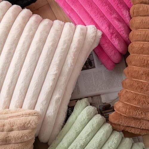 DEELAND Pack of 2,Double-Sided Faux Fur Plush Decorative Throw Pillow Covers Fuzzy Striped Soft Pillowcase Cushion Covers for Sofa Couch Bedroom Beige 16x16 inch thumbnail 5