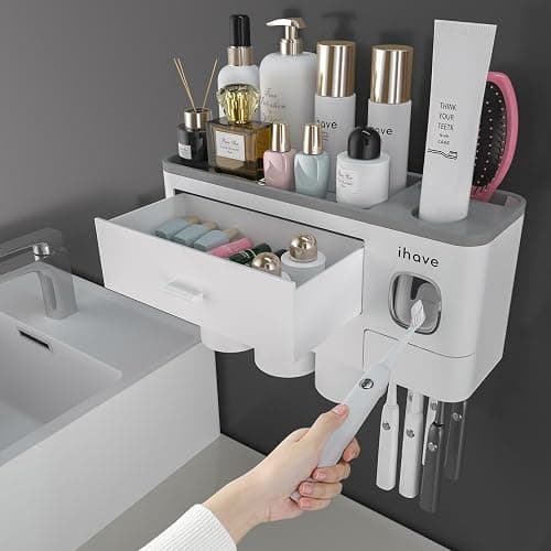 iHave Toothbrush Holder for Bathroom, 3 Cups Toothbrush Holder Wall Mounted with Toothpaste Dispenser - Large Capacity Tray, Cosmetic Drawer - Bathroom Accessories & Bathroom Organization Storage - Image 1