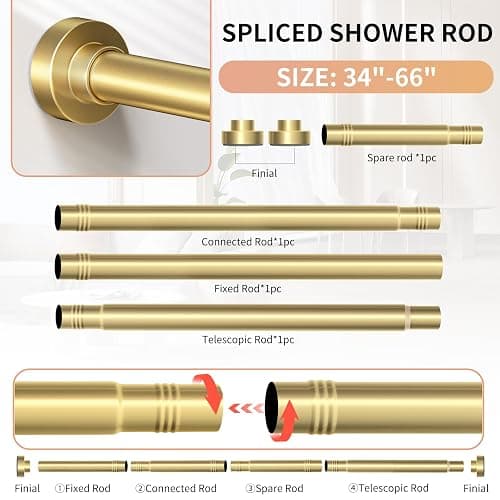 Emlaoe Gold Shower Curtain Rod 34-66 Inches(2.8-5.5ft) Never Rust Adjustable Shower Rod Spring Tension Non Slip No Drilling Shower Rods for Bathroom Garland Window thumbnail 6