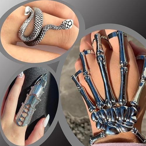 Taichell Skeleton Hand Bracelet Halloween Jewelry Decoration Skull Skeleton Hands with Snake Full Finger Rings for Women Men Punk Goth Bracelets Rings Jewelry Halloween Cosplay thumbnail 4