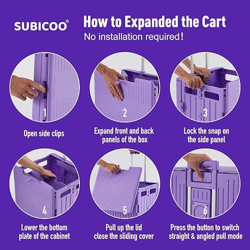 Folding Utility Cart Portable Rolling Crate Handcart Shopping Trolley Collapsible Tool Box, with Lid, Basket on 4 Rotate Wheels, for Grocery, Shopping, Office, Storage, Teacher (Purple) thumbnail 5