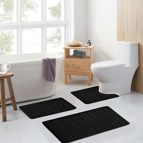Bathroom Rugs Set Memory Foam Bath Rugs Non-Slip Bath Mat Set 3 Piece,Washable Bathroom Mats,Absorbent Shaggy Rugs Super Soft U-Shaped Toilet Rug,Bahroom Carpets for Bathroom,Tub,Shower（Black） - Black thumbnail 2