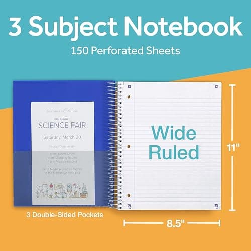 Oxford Spiral Notebook with Free Study App, 3 Subject, Wide Ruled, Ultra Smooth Paper, No Ink Bleed-Through, Strong Poly Blue Cover, 3 Durable 2 Sided Pockets, 150 Easy Perforated 8.5" x 11" Sheets thumbnail 2