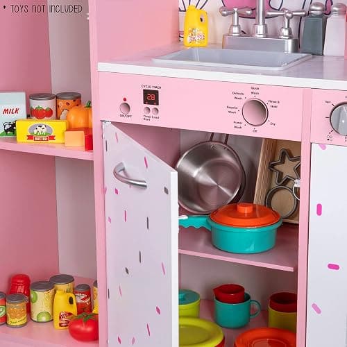 Lil' Jumbl Kids Kitchen Set, Pretend Wooden Play Kitchen, Battery Operated Icemaker & Microwave with Realistic Sound, Pots & Pan Included - Pink - Regular - Pink 2 thumbnail 9