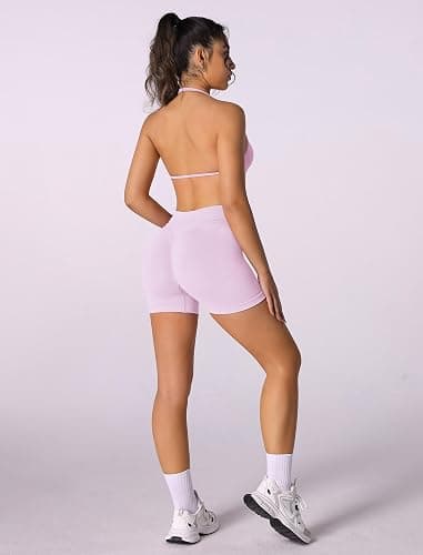 ABOCIW Womens Seamless Workout Sets 2 Piece Strappy Halter Sports Bra Scrunch Butt Shorts Gym Yoga Outfits thumbnail 6