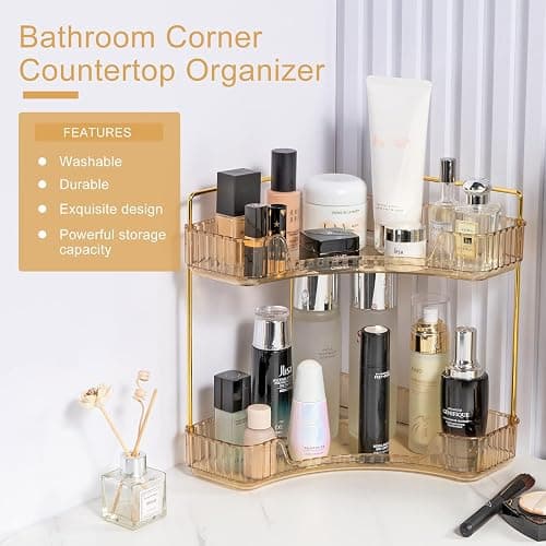 INVSSENE Corner Bathroom Countertop Organizer, Vanity Trays for Counter, Makeup Organizers, Perfume Tray, Kitchen Spice Rack, (Yellow, 2 Tiers) - Yellow - 13.6" x 10" x 15.1" thumbnail 4