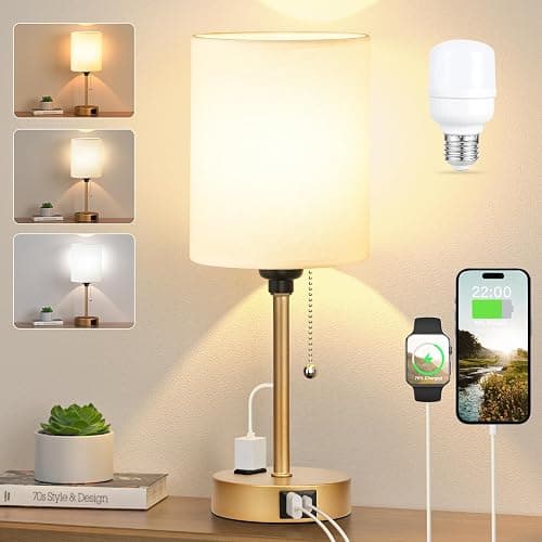 Dicoool Small Bedside Lamps 3 Color Modes - 3000K 4000K 5000K Bedroom Lamps with USB C and A Ports, Pull Chain Gold Table Lamps with AC Outlet, Nightstand Lamps with Gold Metal Base for Kids Reading - Image 1