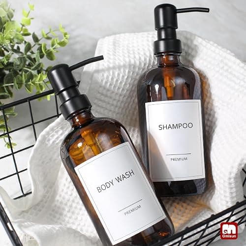 GMISUN Amber Glass Soap Dispenser, 2 Pack Bathroom Hand Soap Dispensers with Stainless Steel Pump, 17 Fl Oz Kitchen Hand and Dish Soap Dispenser Set, Modern Vintage Liquid Brown Soap Dispensers Bottle - Image 1