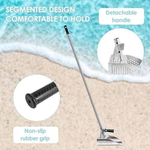 Metal Detecting Sand Scoop, Heavy Duty Metal Detecting Shovel with Removable Long Handle Stainless Steel Rustproof Beach Shovel Handheld Sand Scoop for Beach Underwater Treasure Hunting thumbnail 5