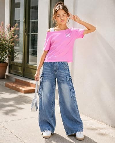 Kxuryueo Teen Girl Clothes One Shoulder Top and Wide Leg Stretch Jeans 2 Piece Casual Outfits Size 7-16 thumbnail 2