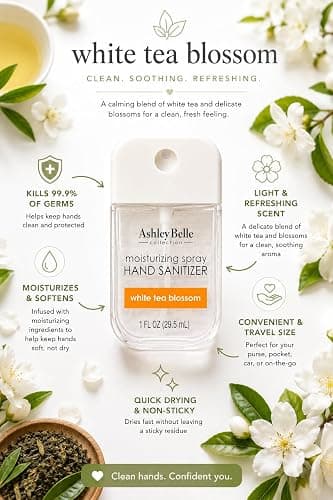 AshleyBelle Moisturizing Spray Hand Sanitizer Variety Pack – White Tea Blossom, Blueberry Freesia & Rose Lychee – Travel Size Pocket Hand Sanitizer Spray, 1 FL OZ (29.5 mL) Each thumbnail 5